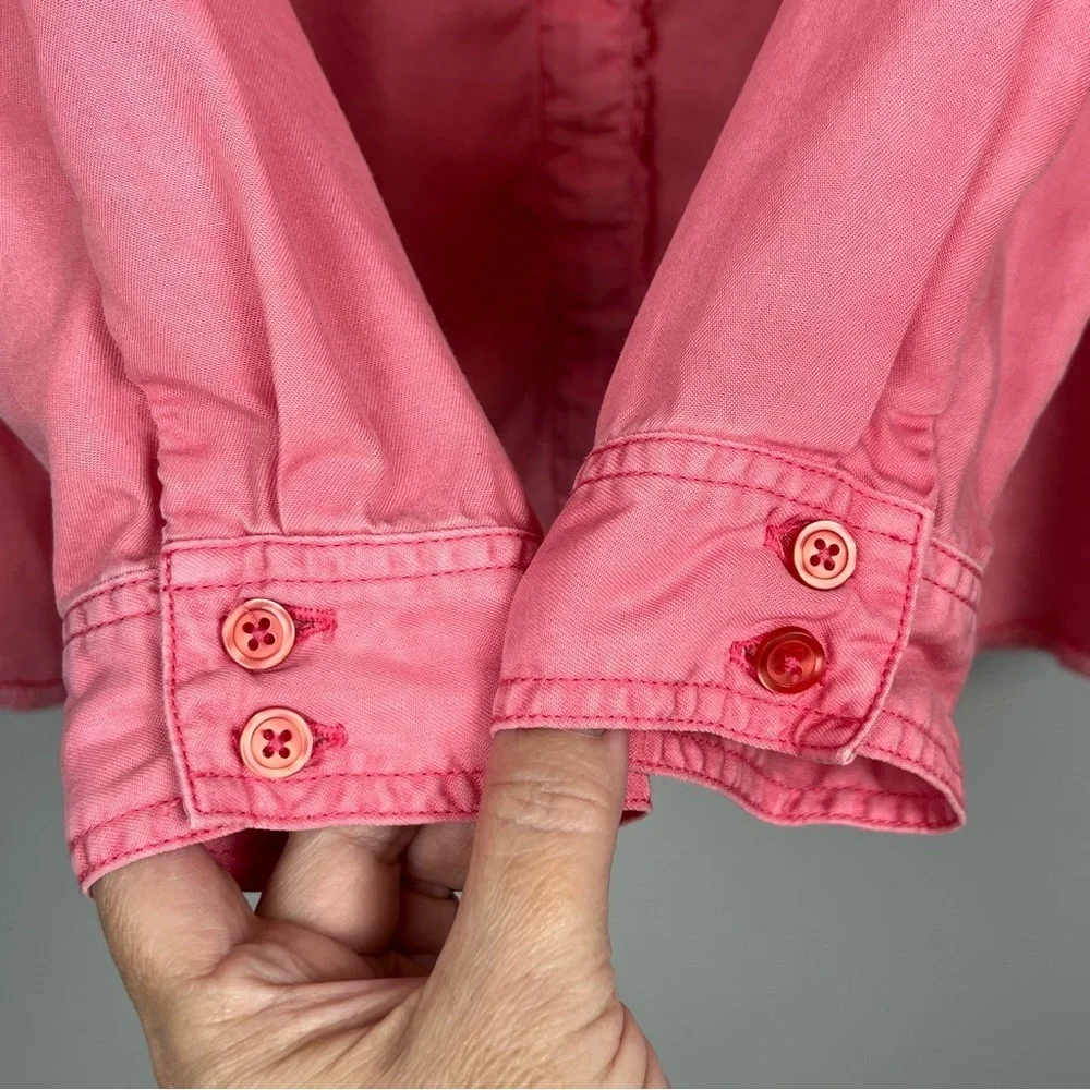 Chico’s pink 100% Lyocell fringed trim button front roll tab shirt, size 8. - Picture 9 of 11